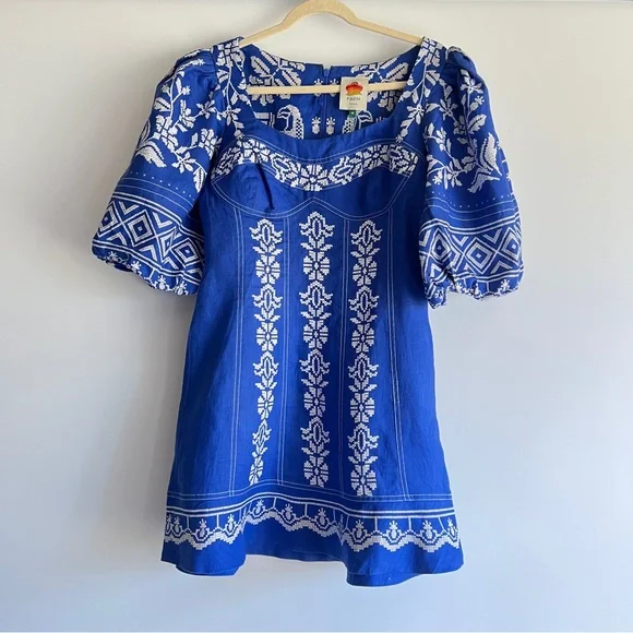 FARM Rio Tropical Printed Blue Euroflax Premium Linen Mini Dress Size Medium NWT - Picture 4 of 13